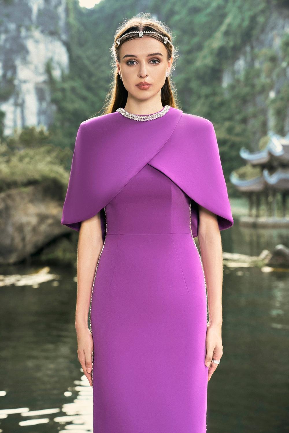 Cross Over Cape With Sides Stone Embellishments Line Dress Set - TRACY COUTURE